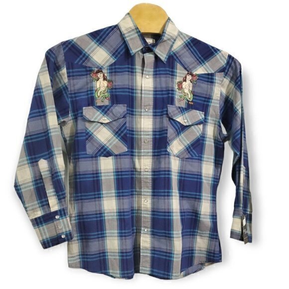 Western Plains Trading Co Blue,‎ Grey Long Sleeve Embroidered Western Pearl Snap - Picture 2 of 9